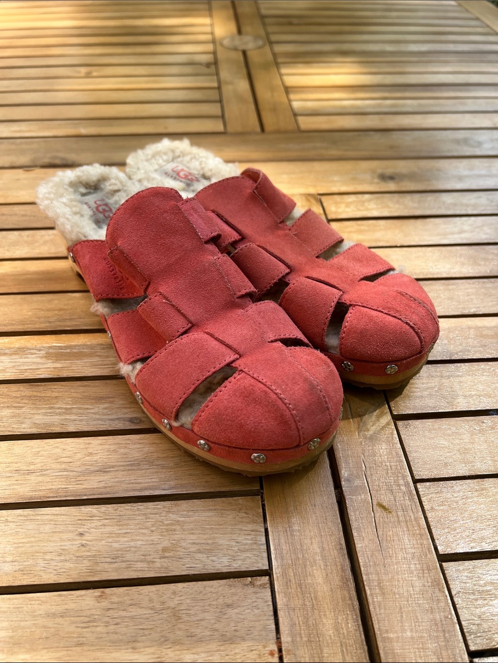 UGG Raspberry pink Suede Shearling wooden Clog Slides